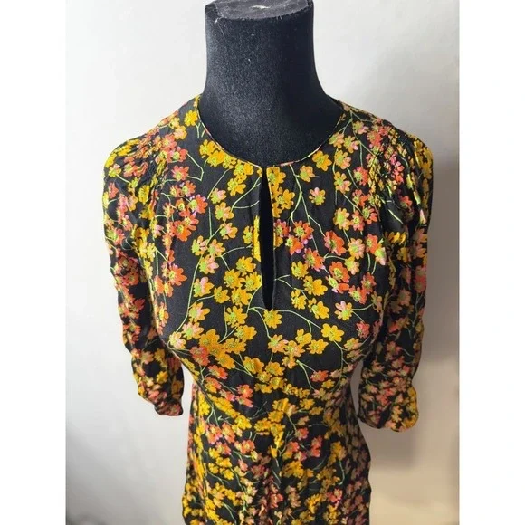 WHISTLES Ester Black Floral Daisy Print Keyhole Neck Mini Dress Fat and Flare - Picture 2 of 8